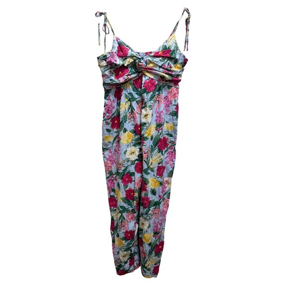 Old Navy Tie Shoulder Cropped Twist Front Smocked Jumpsuit L Floral Blue Pink - Picture 1 of 8